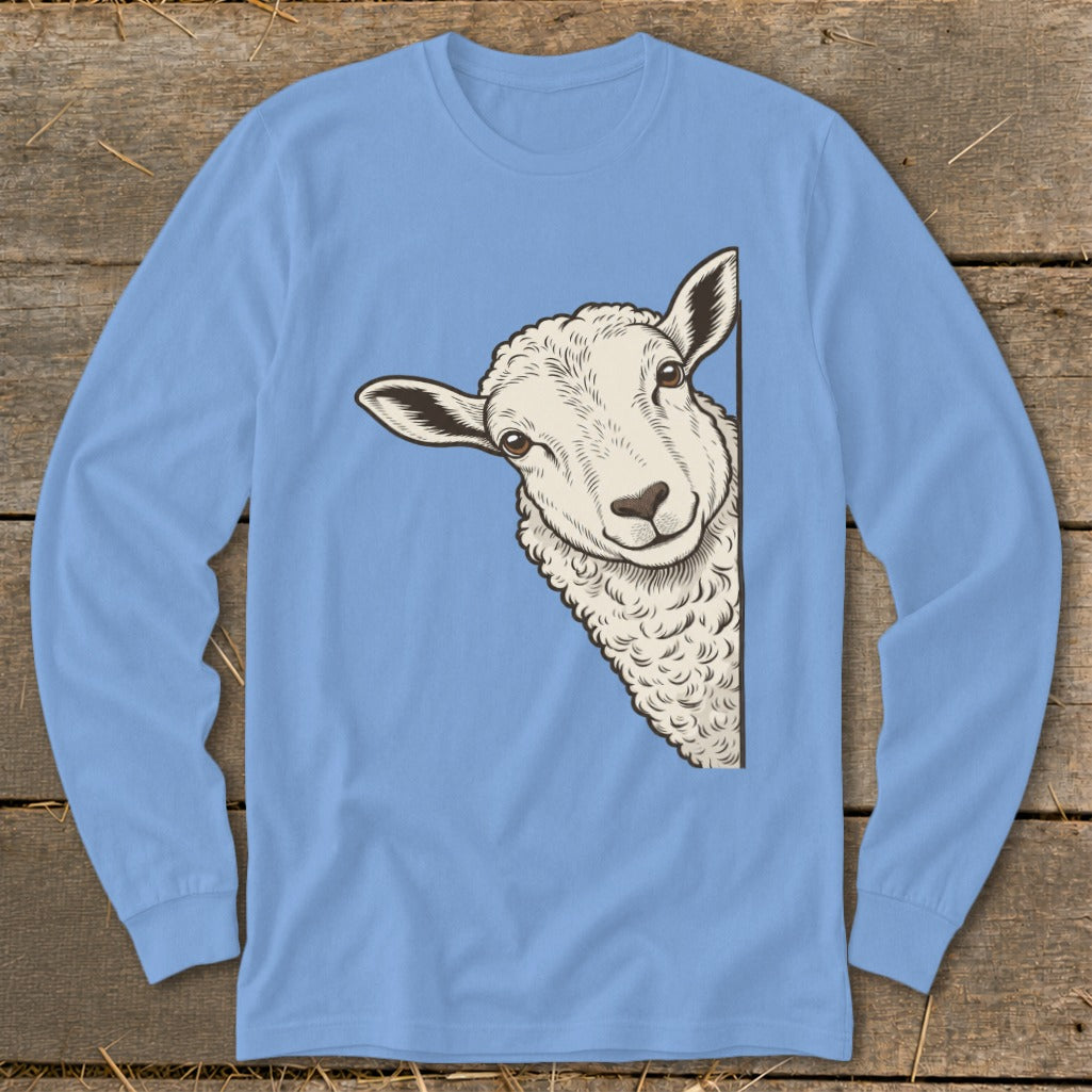 Line drawing of a sheep peeking around the side of a light blue long-sleeve shirt.