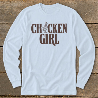 Light blue long-sleeve shirt with "CHICKEN GIRL" text and a chicken graphic.