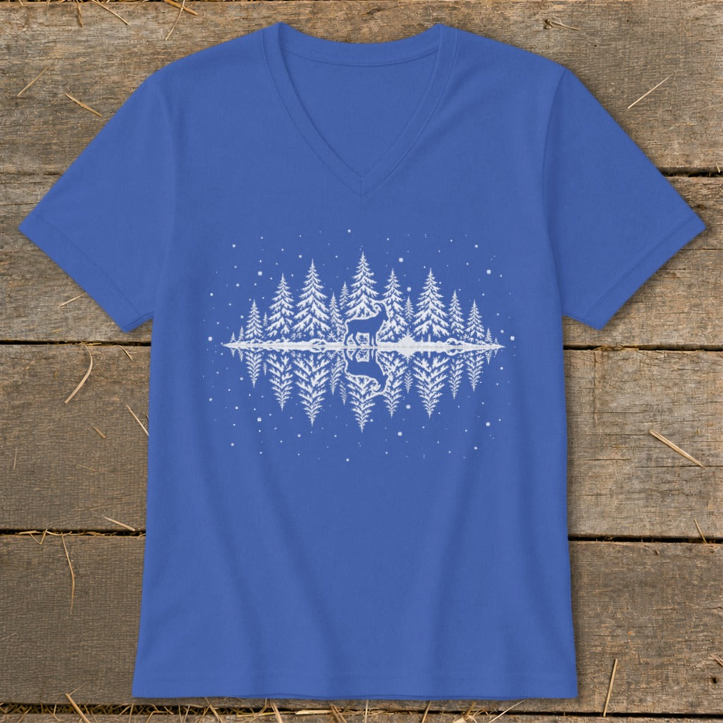 Blue v-neck t-shirt with a white graphic of a deer in a snowy forest reflected in water.