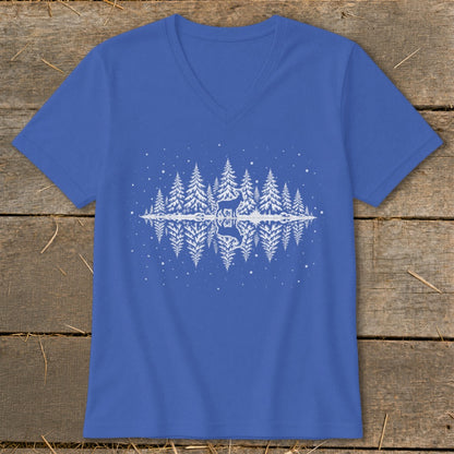 Blue v-neck t-shirt with a white graphic of a deer in a snowy forest reflected in water.