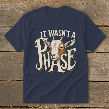 Navy t-shirt with goat graphic and text "IT WASN'T A PHASE".