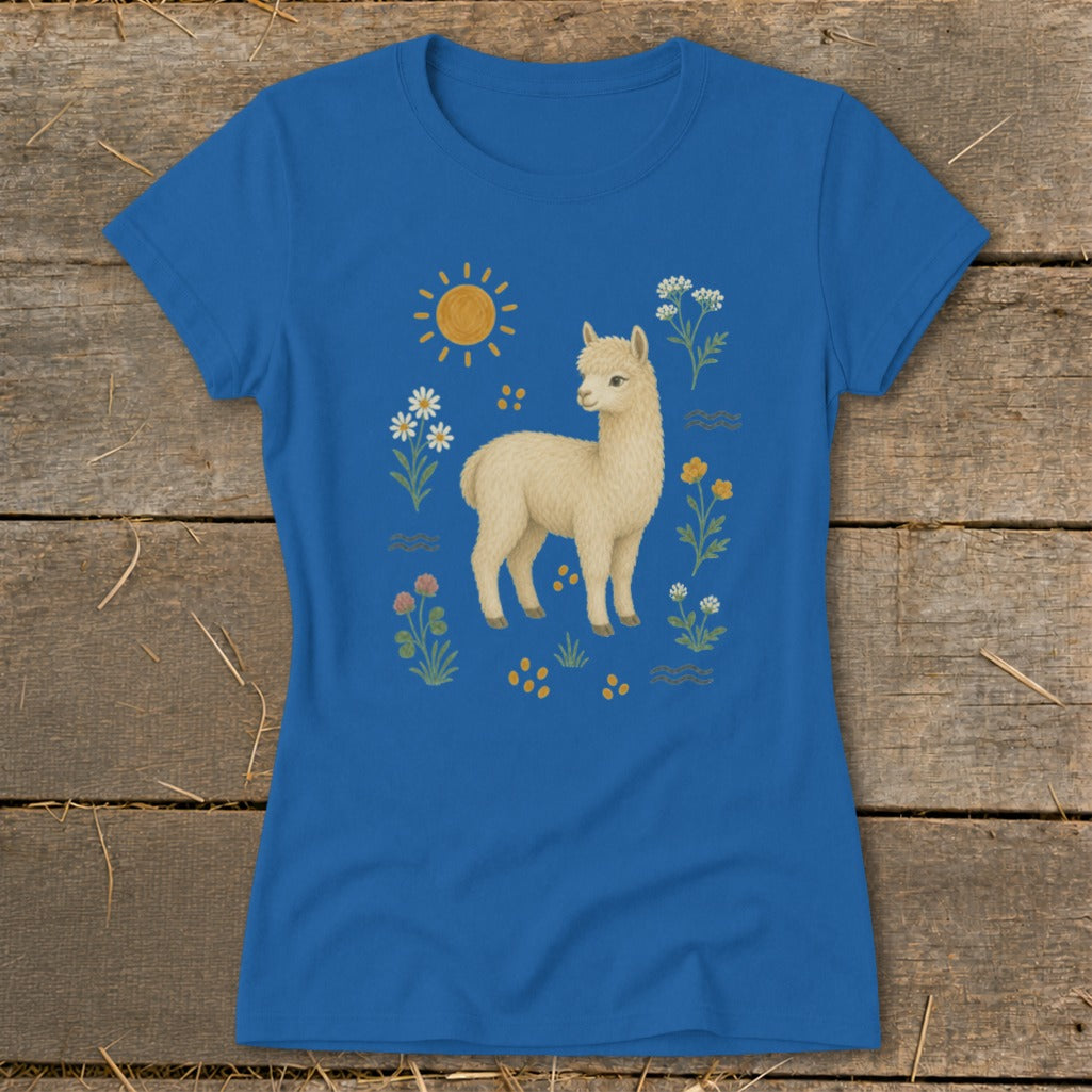 Blue t-shirt with a cream alpaca, sun, and wildflowers illustration.