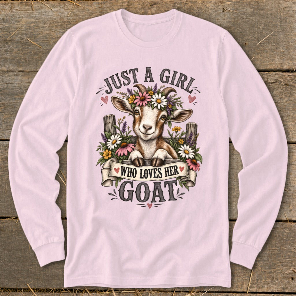 Long sleeve pink shirt with "Just a girl who loves her goat" text and goat graphic.