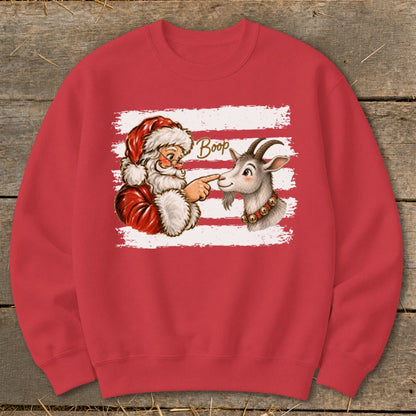 Santa Claus booping a goat on the nose with "Boop" text above.