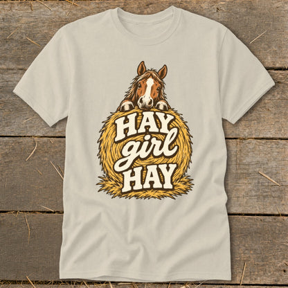 Horse peeking over a hay bale with "HAY girl HAY" text.