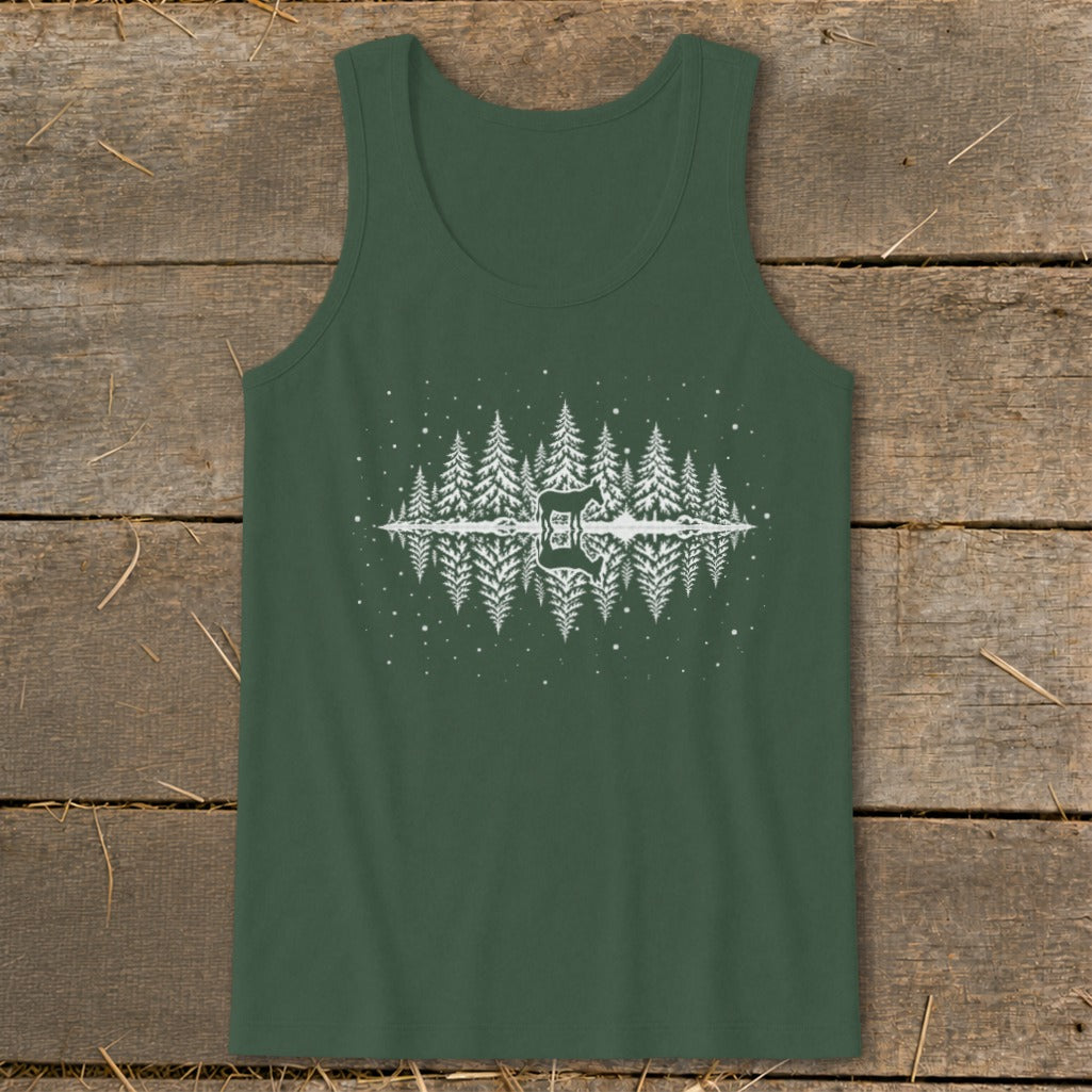 Dark green tank top with a white reflection graphic of trees and a deer.