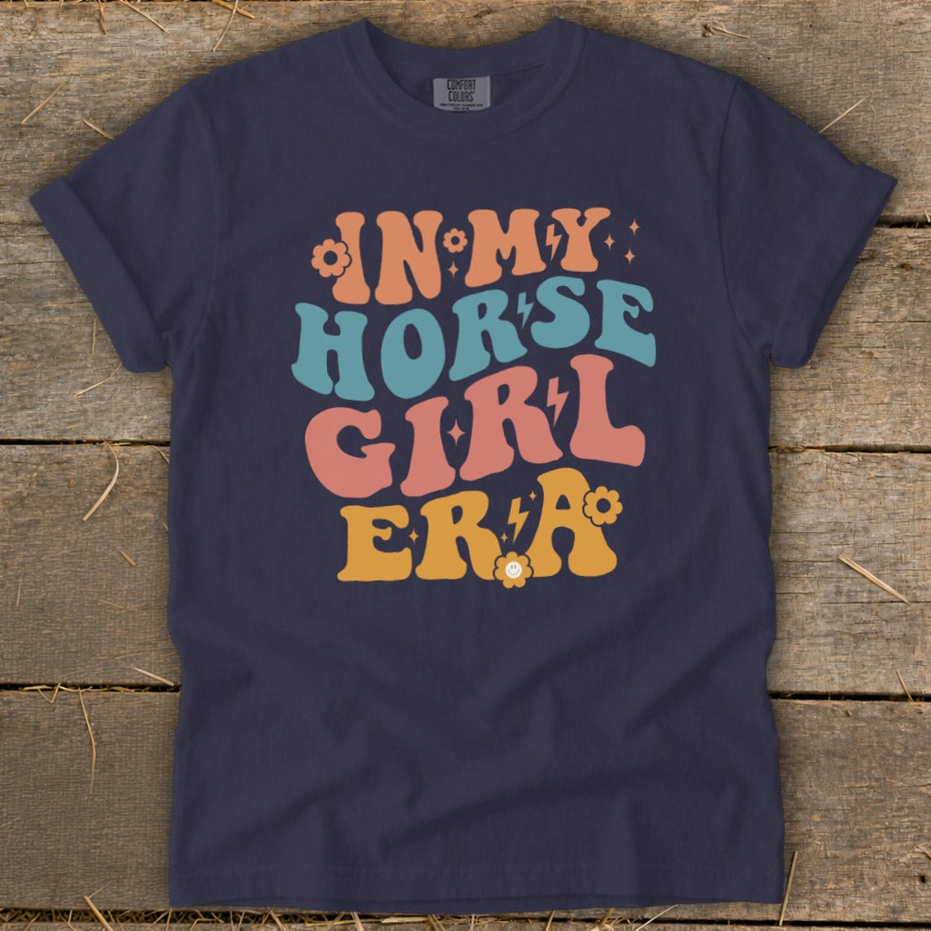 Navy t-shirt with "In My Horse Girl Era" text in retro font and colors.