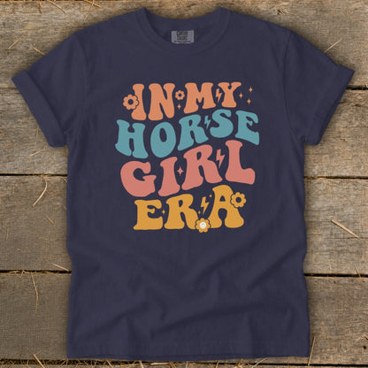 Navy t-shirt with "In My Horse Girl Era" text in retro font and colors.