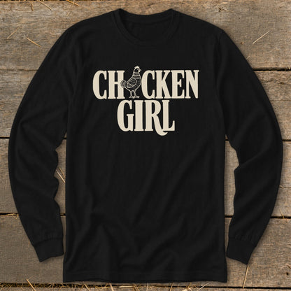 Black long-sleeve shirt with "Chicken Girl" text and a chicken graphic.