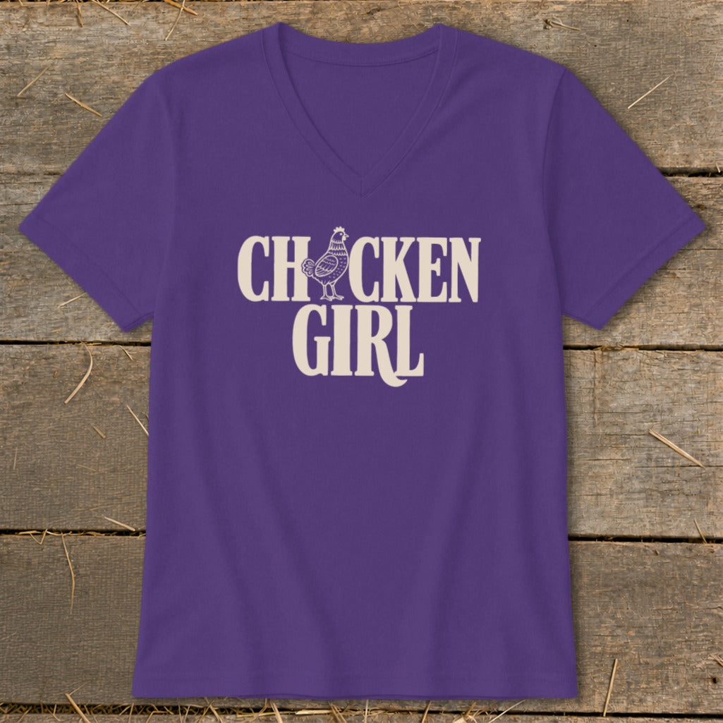 Purple v-neck t-shirt with "CHICKEN GIRL" text and a chicken graphic.