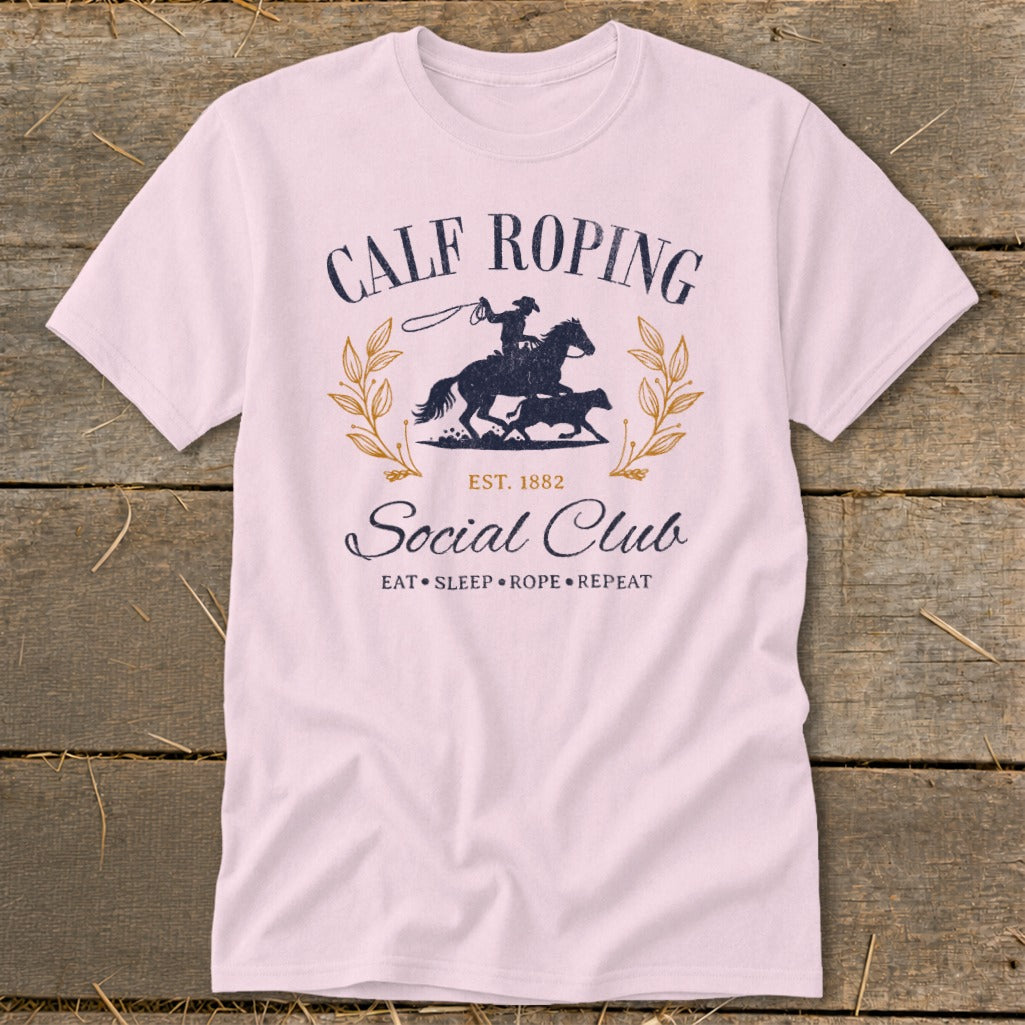 Calf Roping Social Club t-shirt with cowboy, horse, calf, and text.