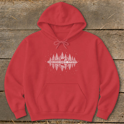 Red hoodie with white forest, deer, and reflection graphic.