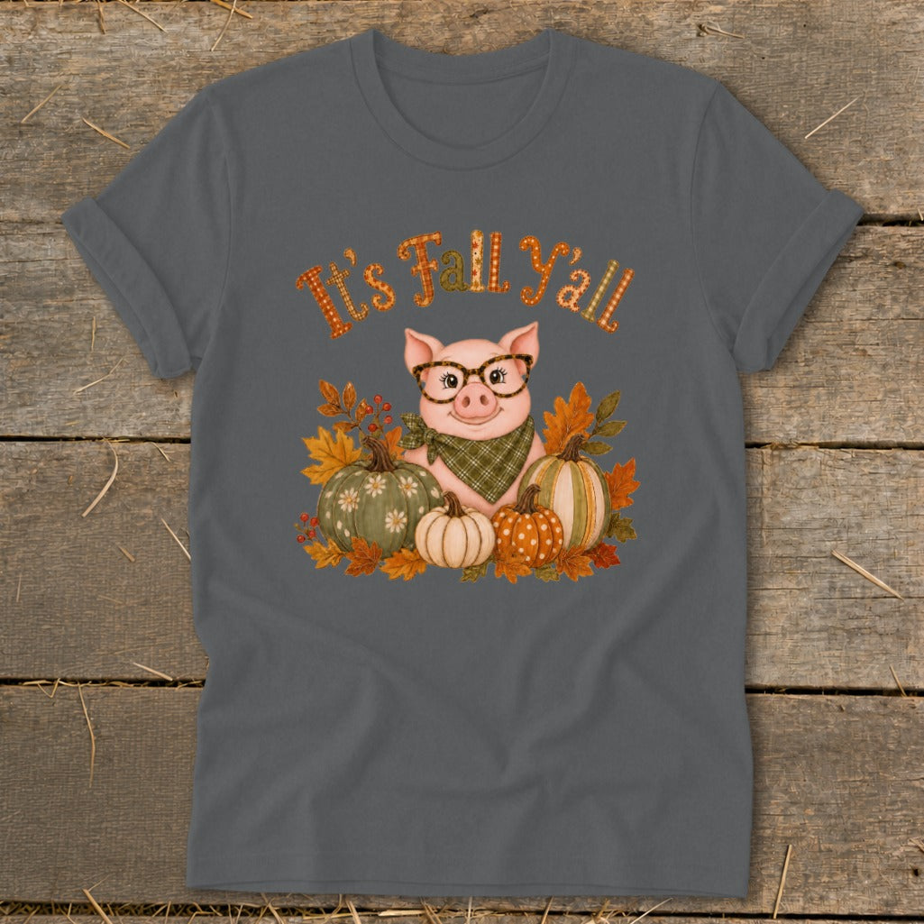 Pig with glasses and bandana surrounded by pumpkins and leaves, text says "It's Fall Y'all".