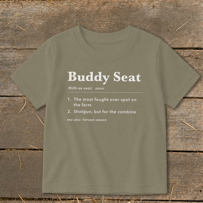 Olive green t-shirt with "Buddy Seat" definition.