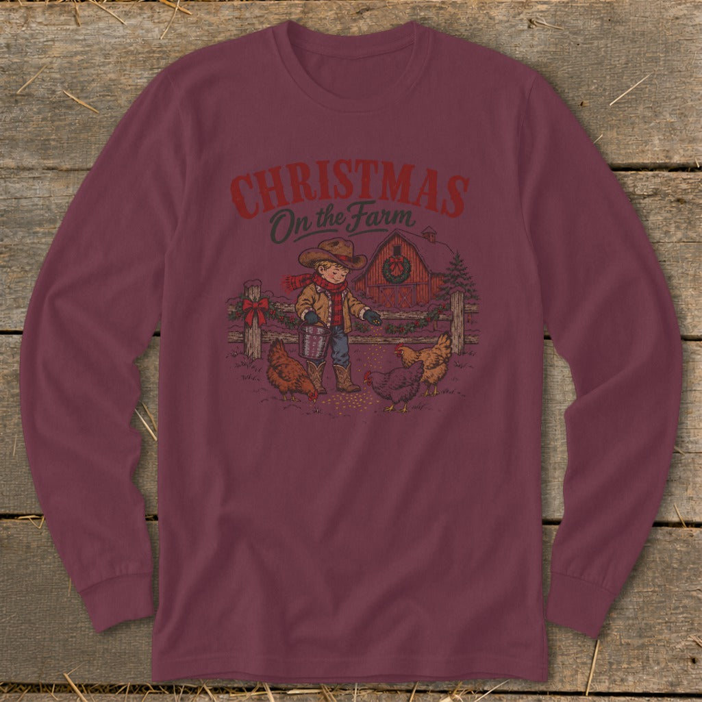 Christmas on the Farm graphic with a boy feeding chickens near a red barn.
