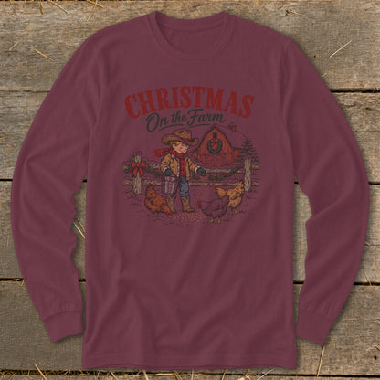 Christmas on the Farm graphic with a boy feeding chickens near a red barn.