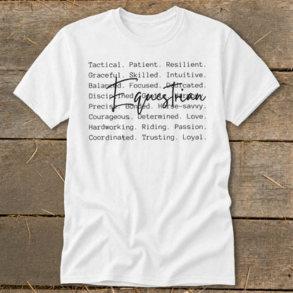 White t-shirt with list of equestrian traits and "The Equestrian" in script.
