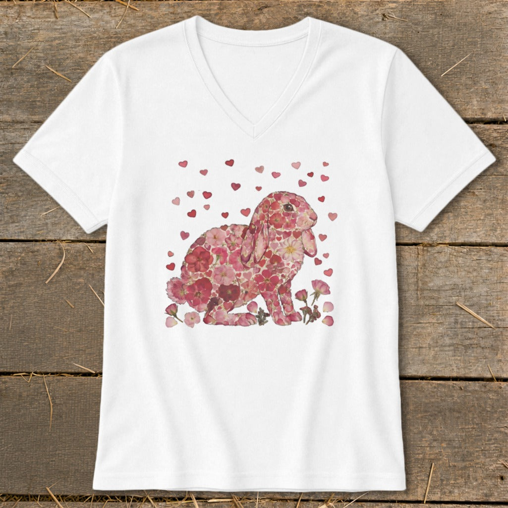 White t-shirt with a floral bunny illustration and scattered hearts.