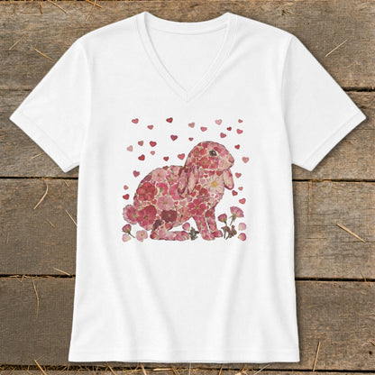White t-shirt with a floral bunny illustration and scattered hearts.