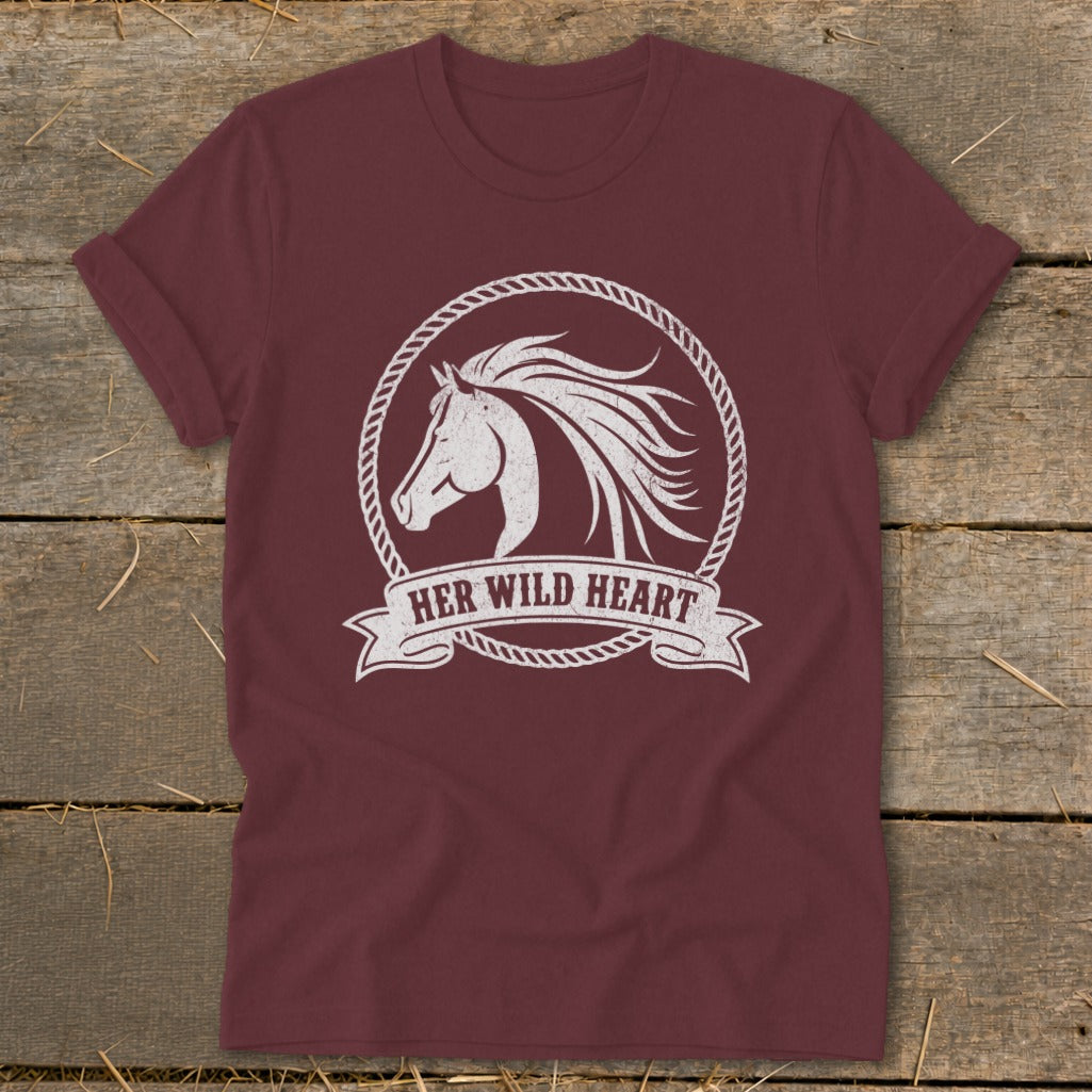 Maroon t-shirt with white distressed horse head graphic and "HER WILD HEART" text.