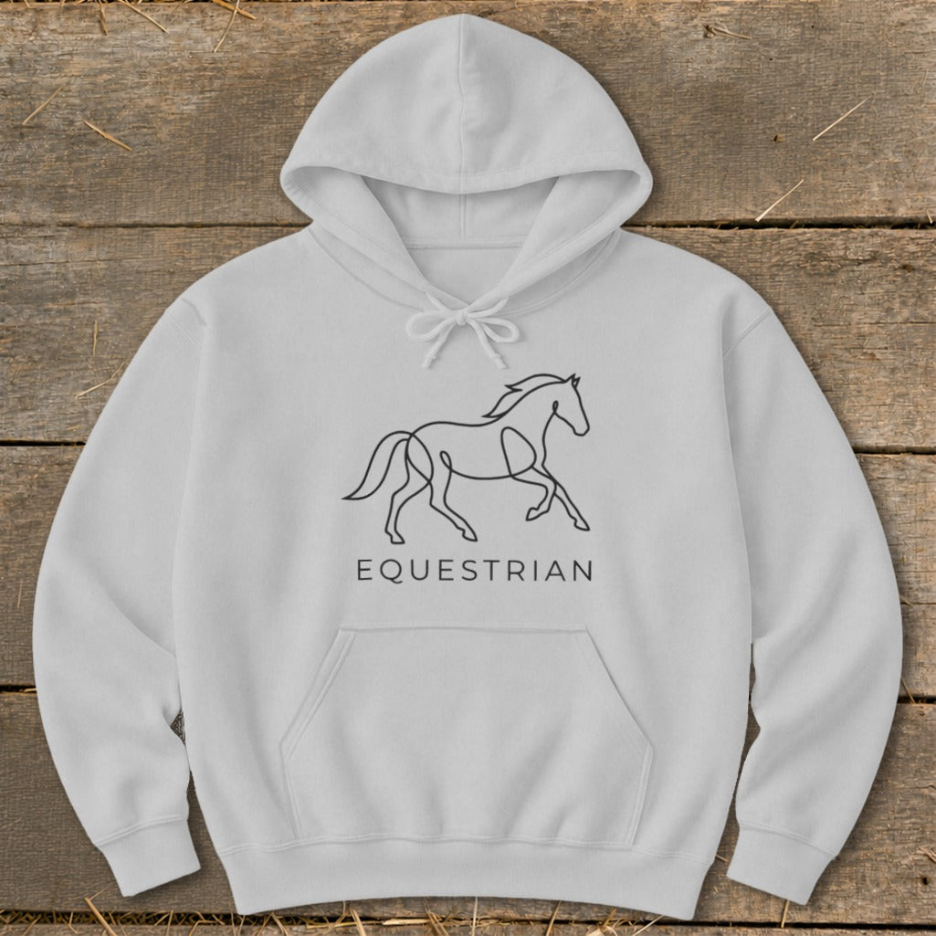 Light grey hoodie with a black line drawing of a horse and the word "EQUESTRIAN".