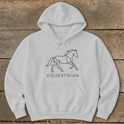 Light grey hoodie with a black line drawing of a horse and the word "EQUESTRIAN".