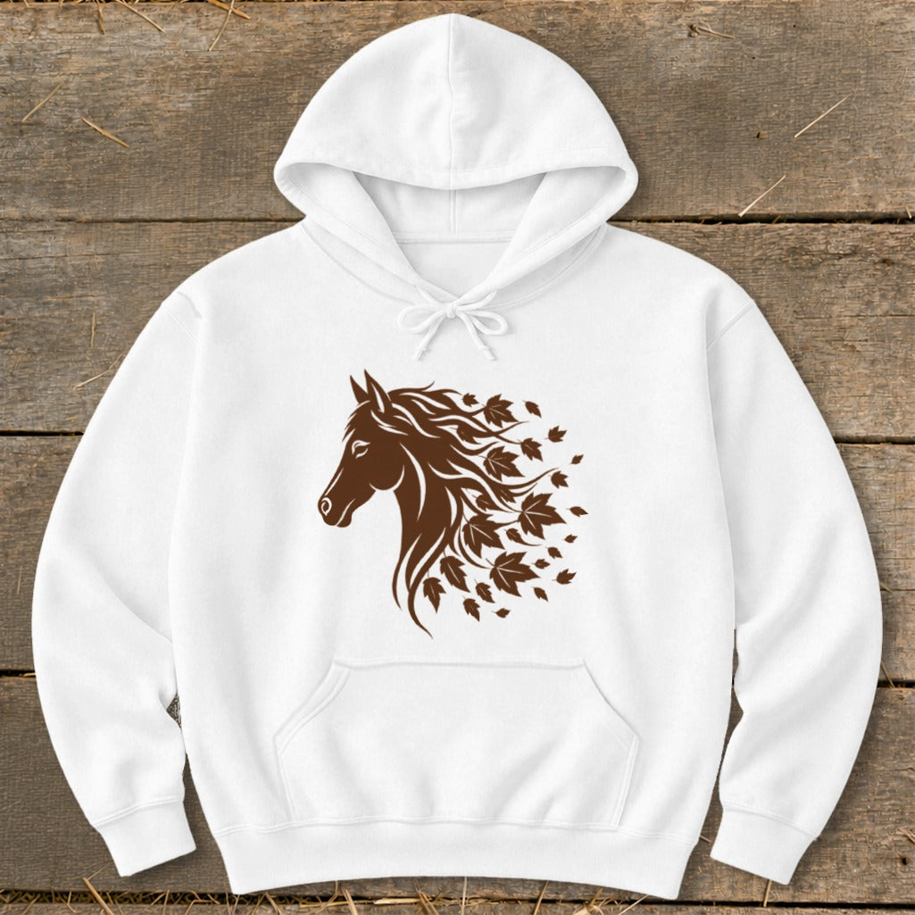 White hoodie with a brown horse head and leaves design on chest.