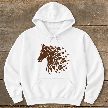 White hoodie with a brown horse head and leaves design on chest.