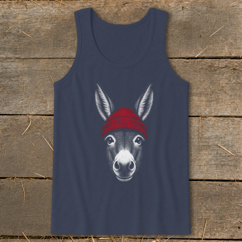 Navy blue tank top featuring a graphic of a donkey wearing a red beanie.