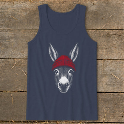 Navy blue tank top featuring a graphic of a donkey wearing a red beanie.