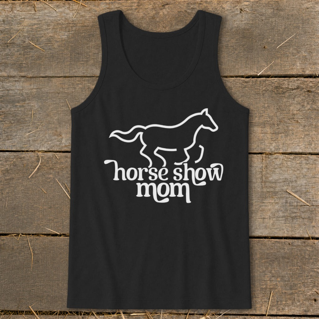 Black tank top with white horse silhouette and text "horse show mom".