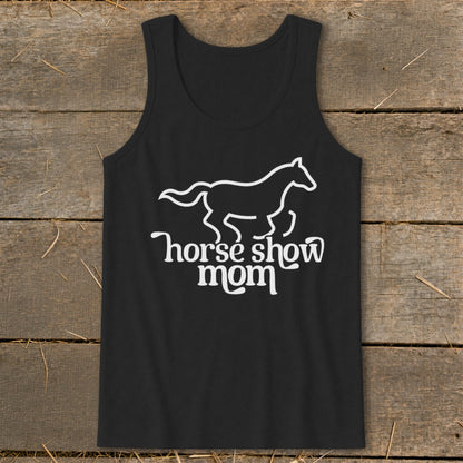 Black tank top with white horse silhouette and text "horse show mom".