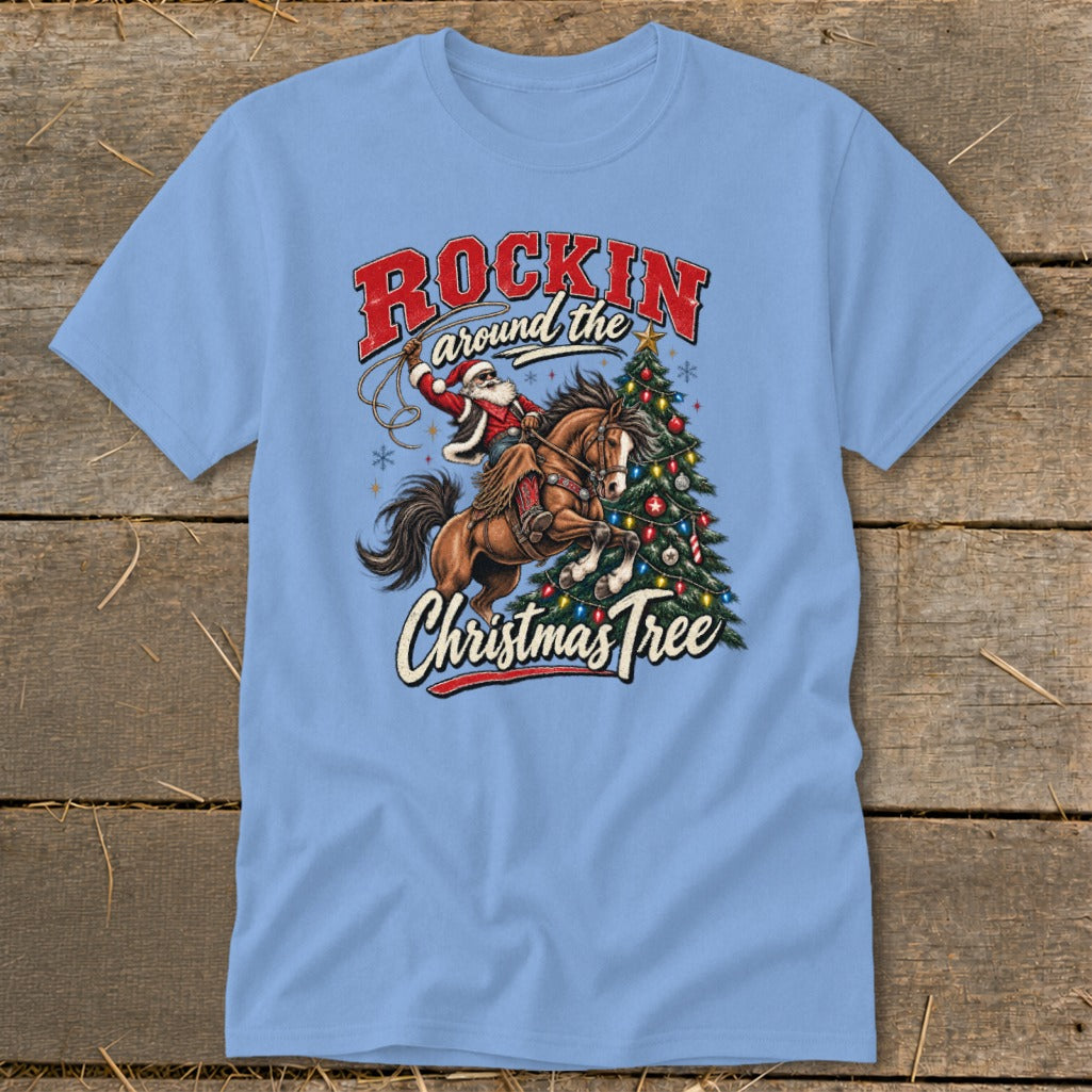 Santa riding a horse with a lasso next to a Christmas tree.