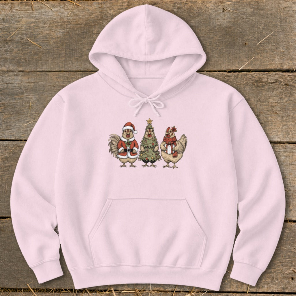 Light pink hoodie with a Christmas-themed illustration of three chickens.