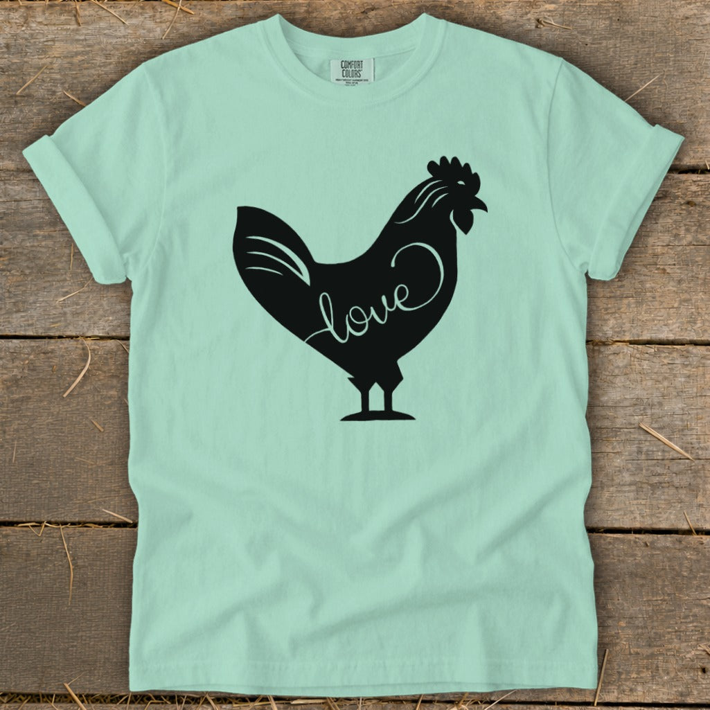 Mint green t-shirt with black rooster graphic and "love" text.