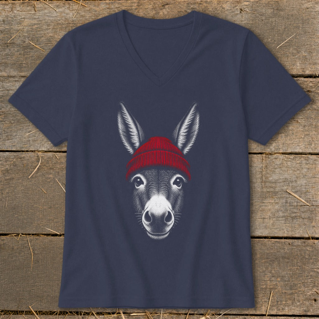 A dark blue V-neck t-shirt featuring a graphic of a donkey wearing a red beanie.
