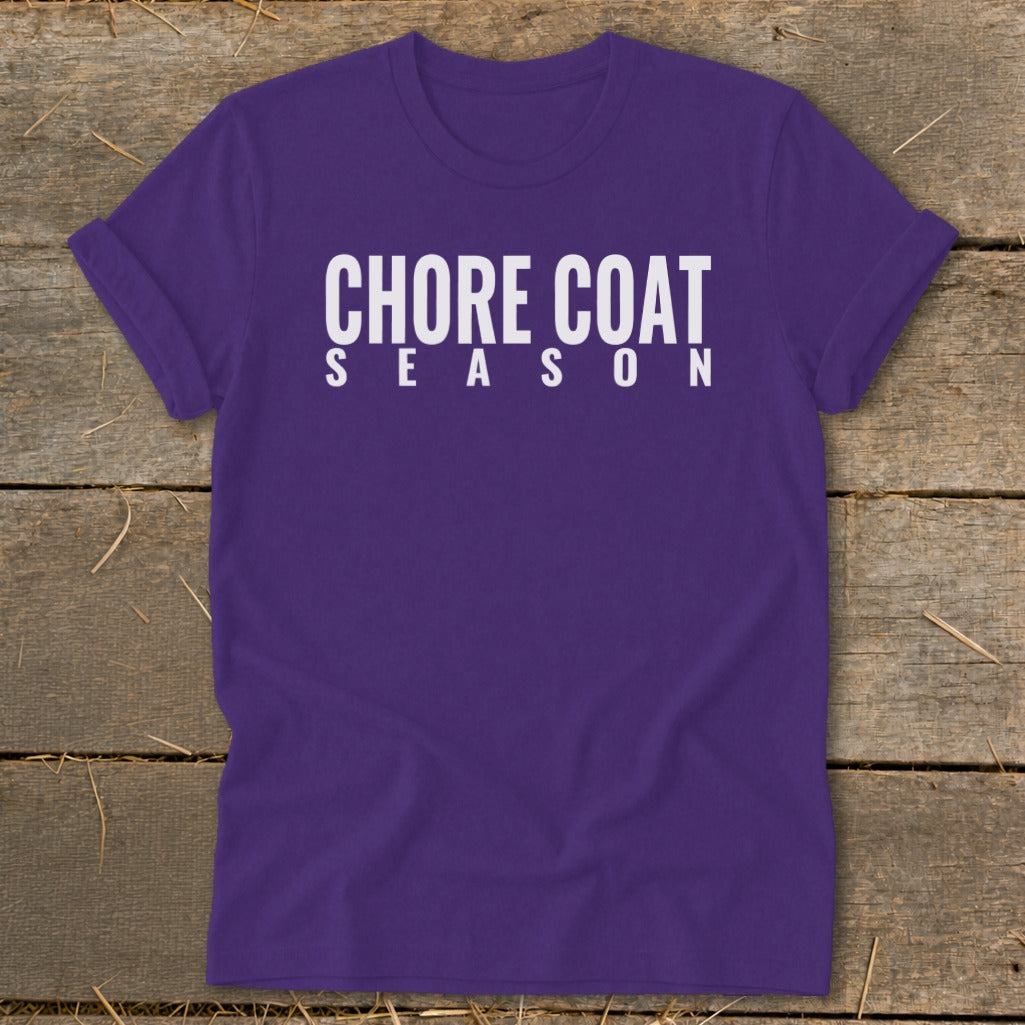 Purple t-shirt with "CHORE COAT SEASON" text in white.