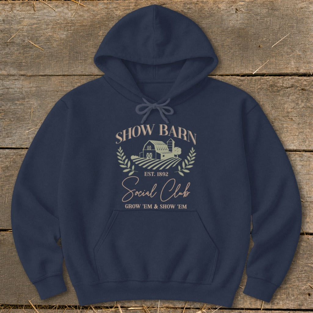 Navy hoodie with "Show Barn Social Club" logo and farm graphic.