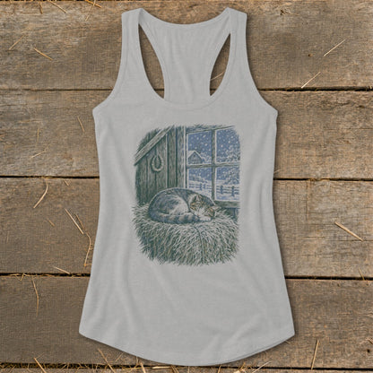 Grey tank top featuring a sleeping cat on hay in front of a snowy window scene.