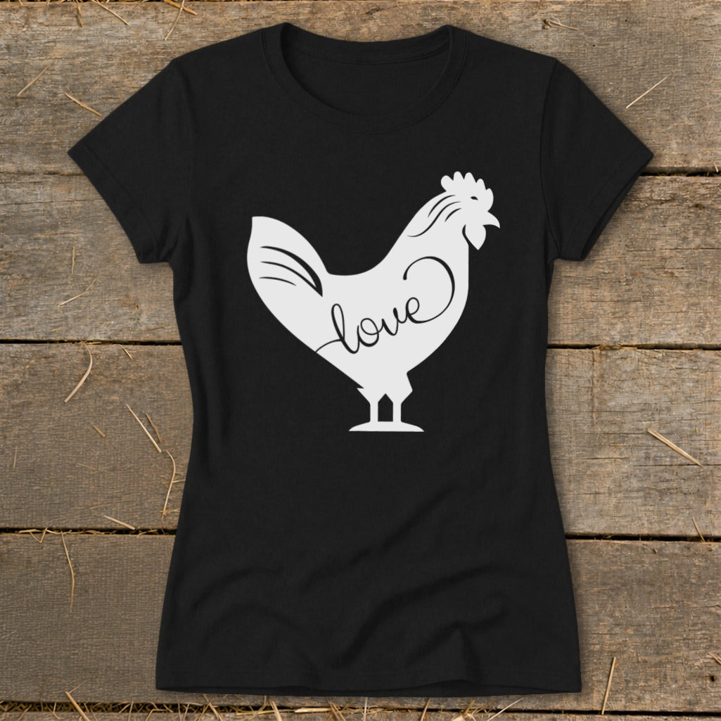 Black t-shirt with white rooster graphic and the word "love" inside.