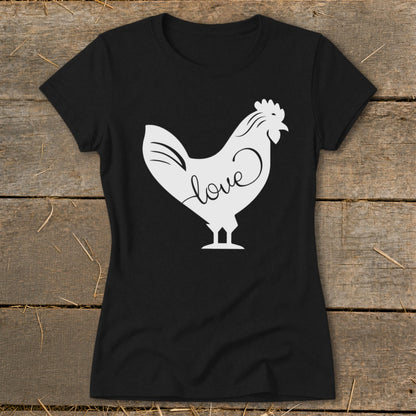 Black t-shirt with white rooster graphic and the word "love" inside.