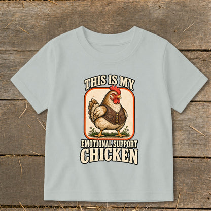 Light blue t-shirt graphic with a chicken wearing a vest and text reading "This Is My Emotional Support Chicken."