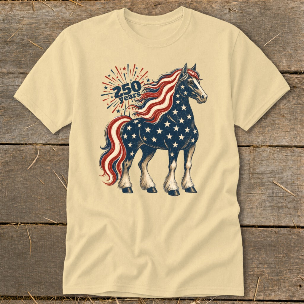 Horse with American flag pattern and "250 years" text on a light yellow t-shirt.