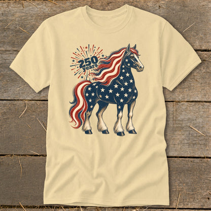 Horse with American flag pattern and "250 years" text on a light yellow t-shirt.