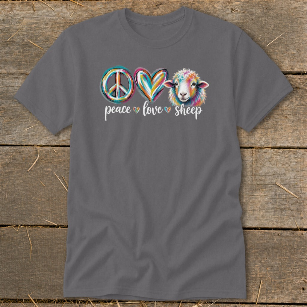 Grey t-shirt with peace, love, and sheep graphic with text.