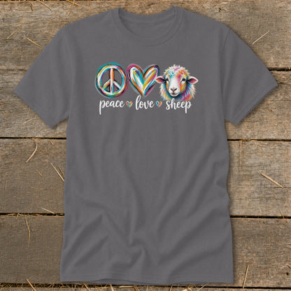 Grey t-shirt with peace, love, and sheep graphic with text.