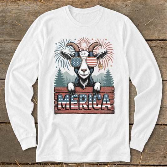 Goat wearing sunglasses, with "MERICA" text and fireworks on white long-sleeve shirt.