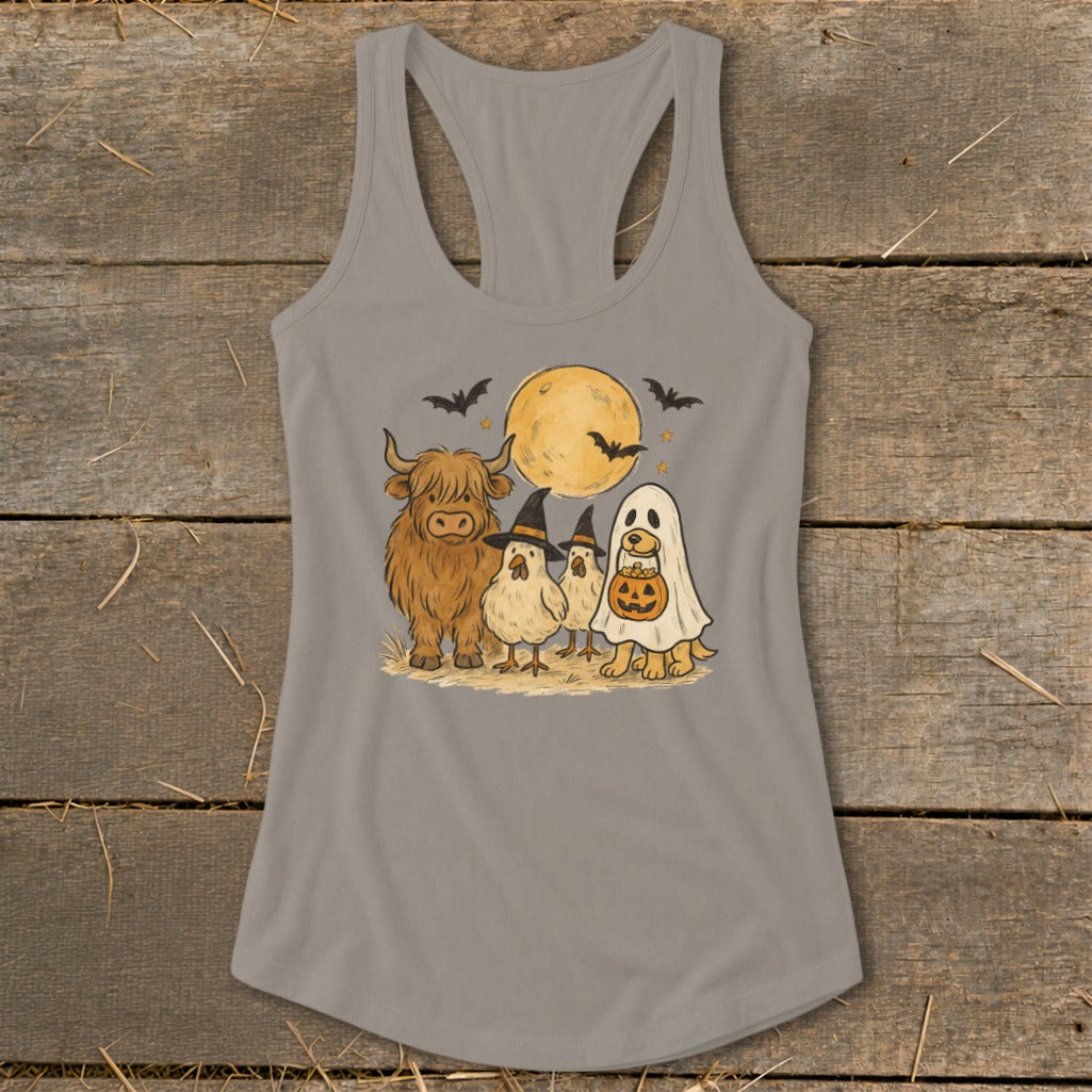 Highland cow, chickens, and dog in ghost costume with pumpkin under moon.