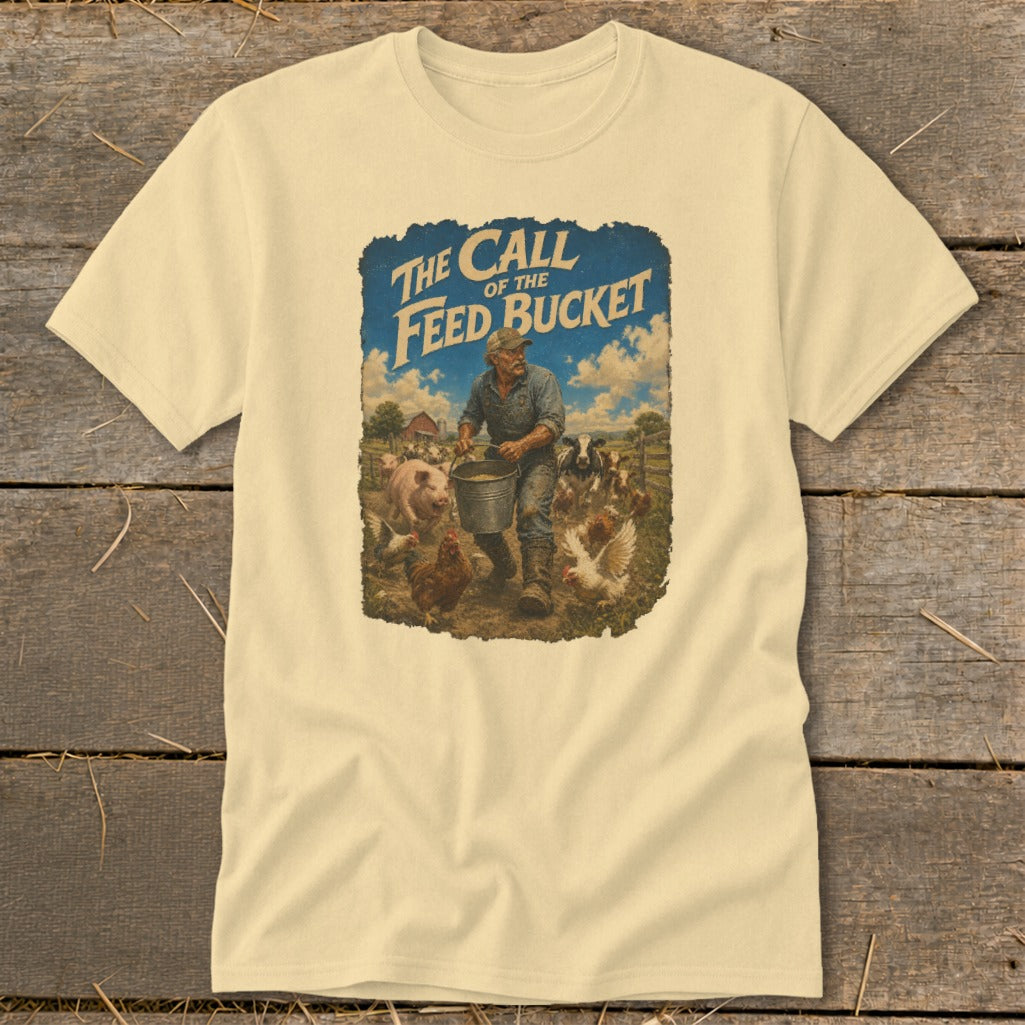 Farmer feeding pigs, cows, and chickens with text "The Call of the Feed Bucket".