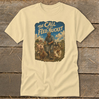 Farmer feeding pigs, cows, and chickens with text "The Call of the Feed Bucket".